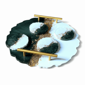 Taca z żywicy + 4 podstawki pod kubki - "Szlachetny Zielony"